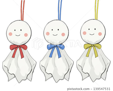 Illustration of a set of three cute teru teru bozu dolls in different colors. Illustration of a set of three cute teru teru bozu dolls in different colors. 139547531