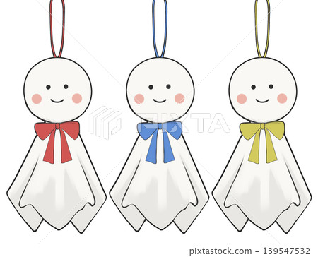 Illustration of a set of three cute teru teru bozu dolls in different colors (front view) Illustration of a set of three cute teru teru bozu dolls in different colors (front view) 139547532