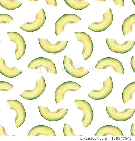 Watercolor Avocado cut fruit wedges, half-moon slices pieces seamless pattern. Superfood pulp fabric isolated on white background. Chopped vegetables kitchen wallpaper print hand drawn illustration. Watercolor Avocado cut fruit wedges, half-moon slices pieces seamless pattern. Superfood pulp fabric isolated on white background. Chopped vegetables kitchen wallpaper print hand drawn illustration. 139547845