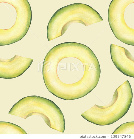 Watercolor Avocado cut fruit, circles and slices pieces seamless pattern. Superfood pulp fabric isolated on yellow background. Avocado vegetable print for kitchen wallpaper hand drawn illustration Watercolor Avocado cut fruit, circles and slices pieces seamless pattern. Superfood pulp fabric isolated on yellow background. Avocado vegetable print for kitchen wallpaper hand drawn illustration 139547846