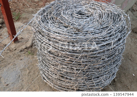 Real barbed wire on field for fence of garden Real barbed wire on field for fence of garden 139547944