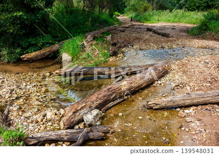 Gnarly logs bridge a shallow, rocky creek. A rustic trail winds through lush woods, a natural ford 139548031