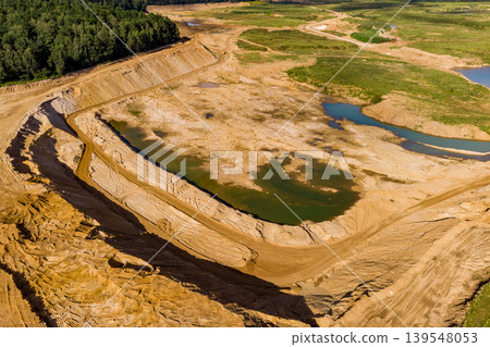 Vast open-pit sand mine with layered golden earth, some water pools, and winding dirt roads. An active quarry landscape bordering lush forest Vast open-pit sand mine with layered golden earth, some water pools, and winding dirt roads. An active quarry landscape bordering lush forest 139548053
