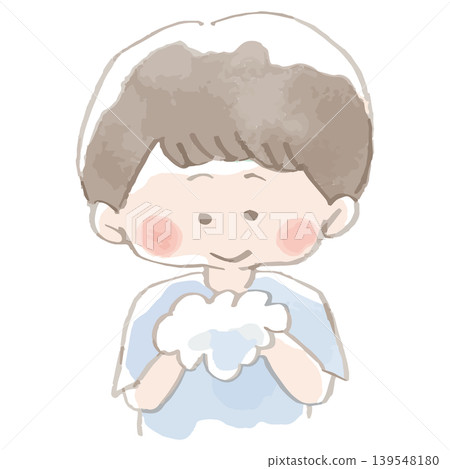水彩插畫,描繪了一個孩子洗手的場景,洗手液,泡沫,預防感染。 水彩插畫,描繪了一個孩子洗手的場景,洗手液,泡沫,預防感染。 139548180