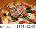 Pizza, prosciutto, olives, tomatoes, Parmesan cheese, restaurant, sauce, Italian cuisine 139548245