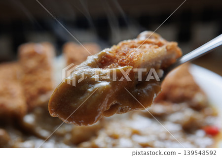 Chicken cutlet curry on a spoon (close-up) Chicken cutlet curry on a spoon (close-up) 139548592
