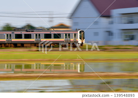 清晨,一列當地火車駛過稻田附近。 清晨,一列當地火車駛過稻田附近。 139548893