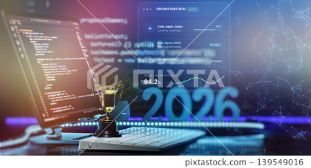 2026 AI orchestration and autonomous agents concept. Futuristic programmer workspace with laptop code, holographic HUD interface, and winner trophy. 2026 AI orchestration and autonomous agents concept. Futuristic programmer workspace with laptop code, holographic HUD interface, and winner trophy. 139549016