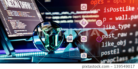 Software audit and winning algorithm concept. Hand holding magnifying glass over a trophy with programming code, AI flowchart overlay, and cybersecurity icons. 139549017