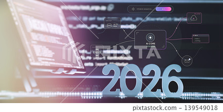 2026 AI Core and big data technology concept. Futuristic software development banner with holographic network interface, cloud API, and programming code. 139549018