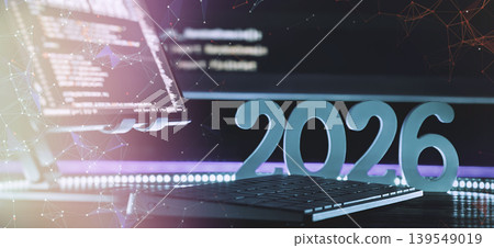 2026 technology and software development concept. Programmer workspace with keyboard, coding screen, and abstract digital network background. Web banner. 139549019