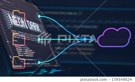Cloud migration and data backup concept. Holographic folders transferring files to a cloud icon over a computer screen with programming code. Web banner. 139549024
