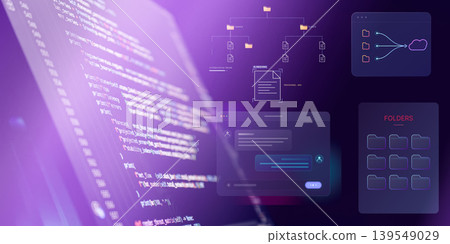 Concept of cloud computing, AI data indexing, and file management. Futuristic UI dashboard with chatbot, folder hierarchy, and blurred programming code on a purple background. 139549029