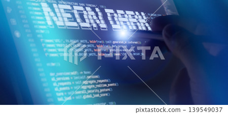 Cyber security and debugging concept. Pointing at a dark terminal interface with neon text and glowing blue light. Cyber security and debugging concept. Pointing at a dark terminal interface with neon text and glowing blue light. 139549037