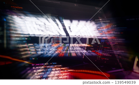 System overload and cyber attack concept. Abstract chaotic digital background with coding script and fast red light trails. System overload and cyber attack concept. Abstract chaotic digital background with coding script and fast red light trails. 139549039