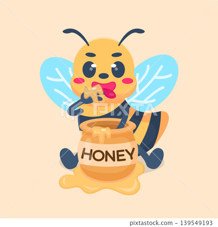 Cute Bee Eating Honey Flat Vector Illustration 139549193