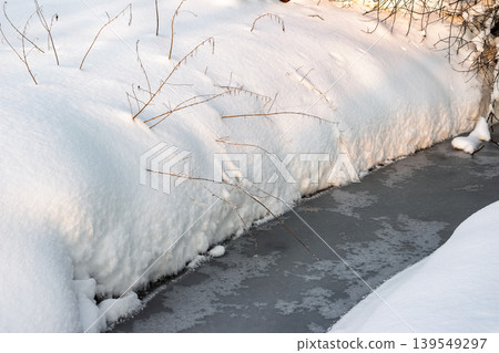 A tranquil frozen stream flows between pristine snow-covered banks. Delicate winter branches pierce the fresh white blanket, capturing the serene essence of a frosty day 139549297