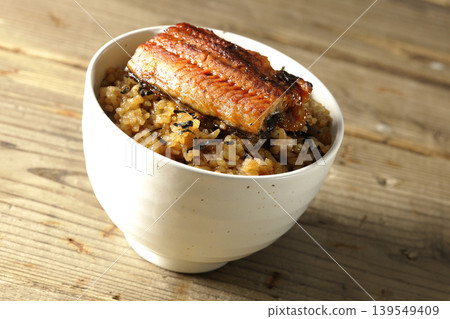 A single photo of a mini eel rice bowl. A single photo of a mini eel rice bowl. 139549409