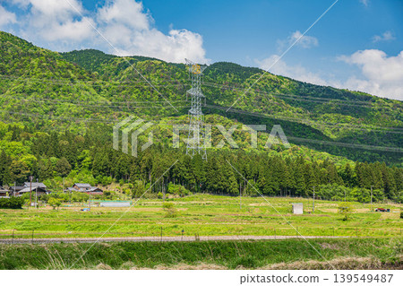 在滋賀縣長濱市西淺井町,一座輸電塔矗立在綠意盎然的山巒之中。 在滋賀縣長濱市西淺井町,一座輸電塔矗立在綠意盎然的山巒之中。 139549487