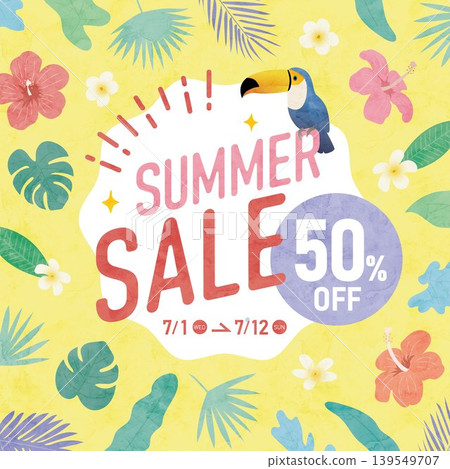 A tropical summer sale banner featuring watercolor-style leaves and hibiscus flowers. A tropical summer sale banner featuring watercolor-style leaves and hibiscus flowers. 139549707