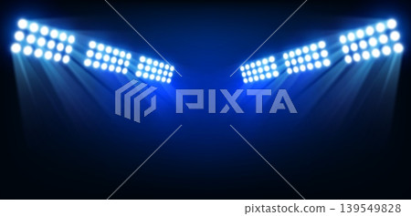 Stadium floodlights with bright white spotlights and blue beams on dark arena background, realistic sports lighting banner for night match, championship or event presentation. Vector illustration 139549828