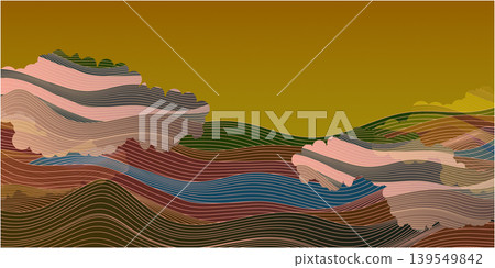 An abstract landscape painting depicting wave patterns and clouds. An abstract landscape painting depicting wave patterns and clouds. 139549842