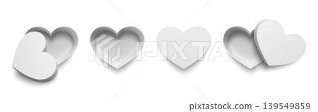 Heart shaped gift box mockups, realistic 3D white paper packaging top view templates with open and closed lid for Valentine jewelry, chocolate, wedding and anniversary. Isolated vector set Heart shaped gift box mockups, realistic 3D white paper packaging top view templates with open and closed lid for Valentine jewelry, chocolate, wedding and anniversary. Isolated vector set 139549859