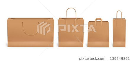 Kraft paper shopping bags in wide, square and narrow formats, realistic 3D brown packaging mockups with rope and flat handles, blank eco retail bag vector collection Kraft paper shopping bags in wide, square and narrow formats, realistic 3D brown packaging mockups with rope and flat handles, blank eco retail bag vector collection 139549861