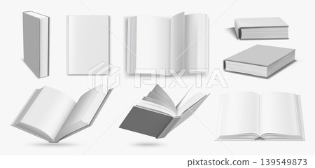 Hardcover books open and closed in realistic 3D vector views, blank white hardback mockups with pages, front side top and perspective angles for publishing and print design Hardcover books open and closed in realistic 3D vector views, blank white hardback mockups with pages, front side top and perspective angles for publishing and print design 139549873