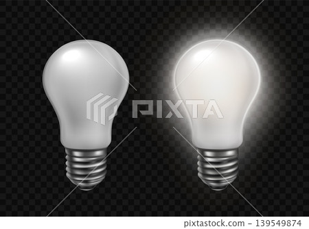 LED lightbulb pair with glowing and unlit matte bulbs, realistic 3D vector illustration of electric lamp comparison with frosted glass and metallic screw base isolated LED lightbulb pair with glowing and unlit matte bulbs, realistic 3D vector illustration of electric lamp comparison with frosted glass and metallic screw base isolated 139549874