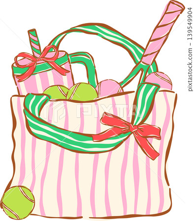 Pink Tennis Ball with Red Bow Whimsical Hand Drawn 139549904