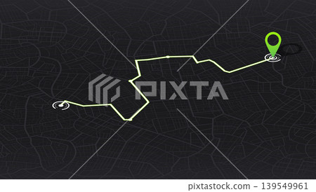 Isometric city map background with green navigation path and location marker. Dark street plan with gps route. Vector illustration. Isometric city map background with green navigation path and location marker. Dark street plan with gps route. Vector illustration. 139549961