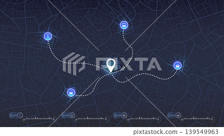 GPS navigator screen with street roads and location, destination points City top view, for application and animation. Vector, illustration isolated. Urban highway plan, final destination 139549963