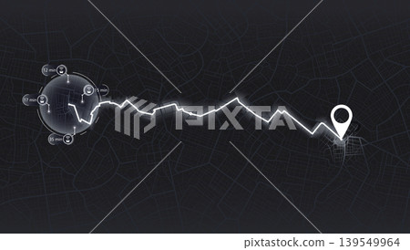 Navigation map with route line and taxi car tracking icons on dark city background. Vector illustration. Navigation map with route line and taxi car tracking icons on dark city background. Vector illustration. 139549964