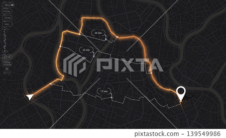 Dark city map dashboard showing GPS navigation route with alternative paths and time markers. Vector illustration. Dark city map dashboard showing GPS navigation route with alternative paths and time markers. Vector illustration. 139549986