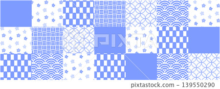 A blue, horizontally oriented Japanese patchwork background illustration combining plum blossom, checkered pattern, wave pattern, and Shippo pattern. 139550290