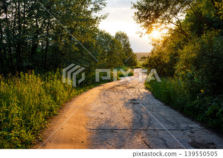 Meandering country lane, sun-kissed by golden dusk, rough and cracked. Flanked by verdant woodsides, a tranquil evening scene Meandering country lane, sun-kissed by golden dusk, rough and cracked. Flanked by verdant woodsides, a tranquil evening scene 139550505