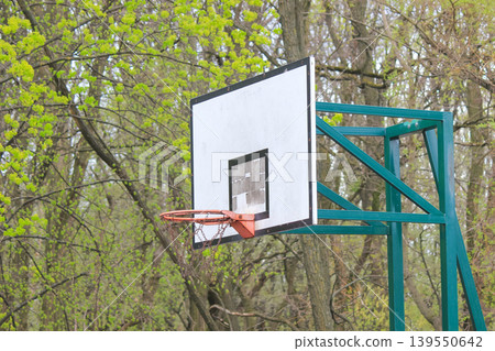 Outdoor basketball backboard and hoop against lush green spring forest and fresh maple tree leaves Outdoor basketball backboard and hoop against lush green spring forest and fresh maple tree leaves 139550642