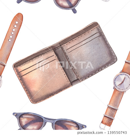 Watercolor seamless pattern, men wallet, sunglasses, watch. Hand-painted watercolor illustration isolated on white for fashion branding, hipster, lifestyle design, print on packaging, clothing, decor Watercolor seamless pattern, men wallet, sunglasses, watch. Hand-painted watercolor illustration isolated on white for fashion branding, hipster, lifestyle design, print on packaging, clothing, decor 139550743
