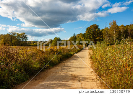 Scenic autumn country road winding through golden fields and green forest under a bright blue sky with dramatic clouds Scenic autumn country road winding through golden fields and green forest under a bright blue sky with dramatic clouds 139550779