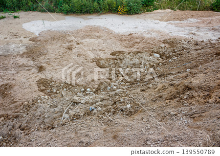 Dry, cracked earth, mixed with gritty dirt, pebbles, and a smattering of debris. A parched, barren scene with distant green growth 139550789