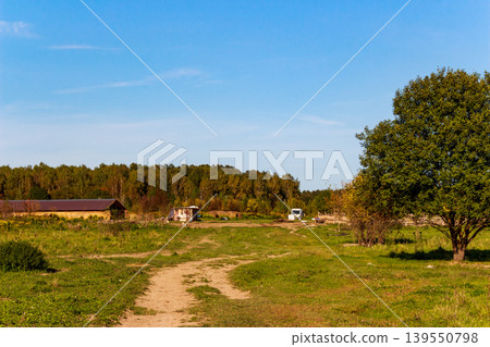 Bright rural expanse with a dusty track winding through green fields, a big ol' leafy tree, and distant farm structures Bright rural expanse with a dusty track winding through green fields, a big ol' leafy tree, and distant farm structures 139550798