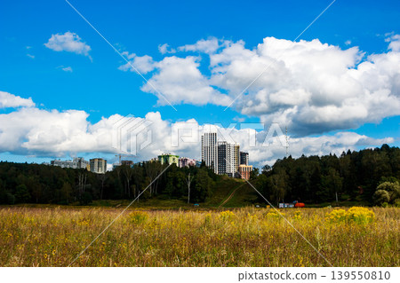 Sleek urban towers and apartment complexes crown a verdant hill, contrasting with a golden meadow and a sprawling, cloudy sky 139550810