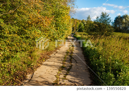 Rural concrete path winding through lush autumn foliage and fields under a bright blue sky. Sunlight casts long shadows, highlighting the season's beauty Rural concrete path winding through lush autumn foliage and fields under a bright blue sky. Sunlight casts long shadows, highlighting the season's beauty 139550820
