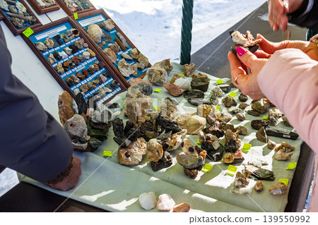 Outdoor market stall featuring assorted Russian geological and paleontological specimens, with hands examining natural rocks and crafts: February 21, 2026 Outdoor market stall featuring assorted Russian geological and paleontological specimens, with hands examining natural rocks and crafts: February 21, 2026 139550992