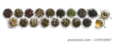 Large assortment of tea on a white background. The view from the top 139550997