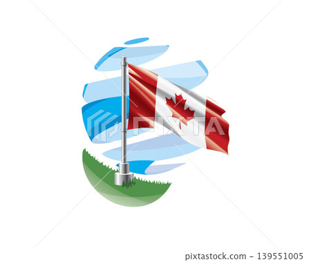 Canadian flag on a green lawn against a background of blue abstract sky Canadian flag on a green lawn against a background of blue abstract sky 139551005
