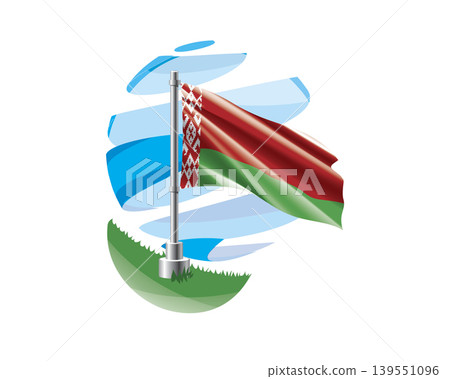 Belarusian flag on a green lawn against a background of blue abstract sky Belarusian flag on a green lawn against a background of blue abstract sky 139551096