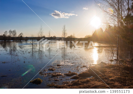Spring flood submerging meadow lands with bare trees reflected in calm water at sunset, dramatic backlighting creating lens flares across the tranquil landscape during the golden hour Spring flood submerging meadow lands with bare trees reflected in calm water at sunset, dramatic backlighting creating lens flares across the tranquil landscape during the golden hour 139551173