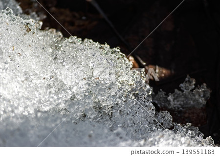 Close-up of dazzling spring snow, thawing under bright sun. Shimmering ice crystals and meltwater drops signal nature's awakening Close-up of dazzling spring snow, thawing under bright sun. Shimmering ice crystals and meltwater drops signal nature's awakening 139551183